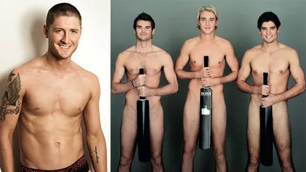 Four cricketers posing; one in underwear, three holding bats covering themselves.