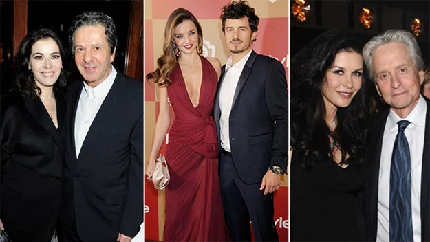 Couples posing at events, dressed elegantly.