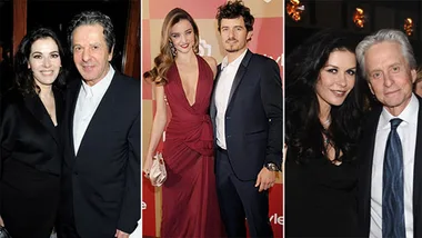 Couples posing at events, dressed elegantly.