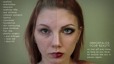 A woman's face split with makeup and editing on one side; text lists beauty edits and reads "Immortalize Your Beauty."