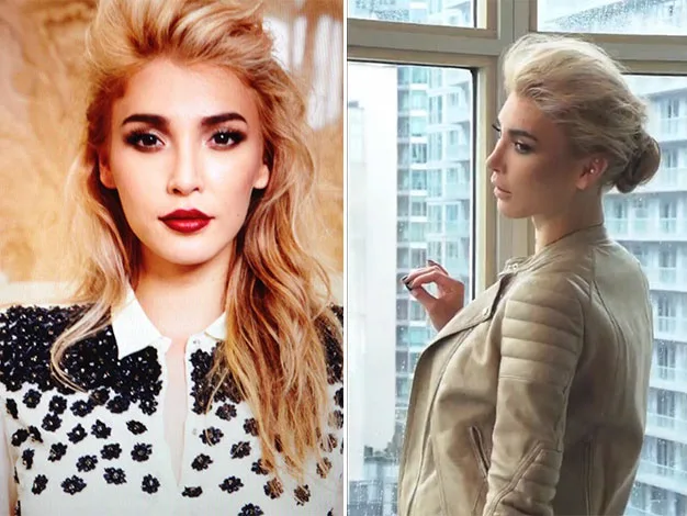 Person with blonde hair poses confidently indoors; one with stylish makeup and another in a leather jacket by the window.