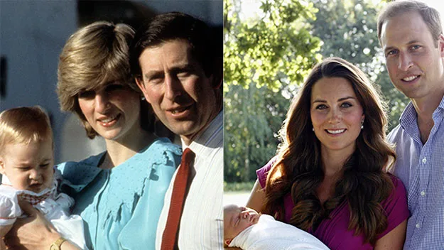 Two side-by-side images of royal couples with their babies in outdoor settings, featuring different generations.