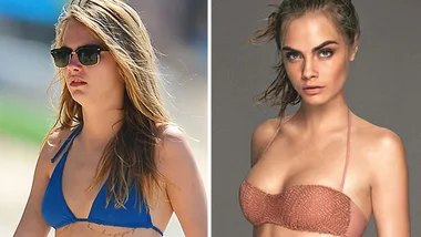 A comparison of a woman in a blue bikini and sunglasses on the left and the same woman in a retouched ad wearing a strapless top on the right.