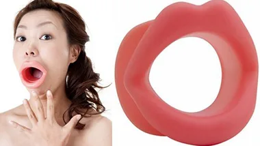 A woman wearing a pink plastic lip-shaped device for facial exercises, with the device shown separately on the right.