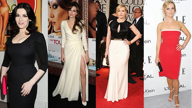 Black-haired woman in a black dress, brunette in a white gown, blonde in a black top and white skirt, and a blonde in a red dress.