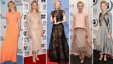 Cate Blanchett in five different elegant red carpet dresses ranging from vibrant orange to lace and muted tones.