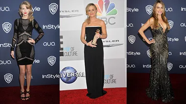Three women in elegant gowns pose on the red carpet at a Golden Globes after-party, with one holding a trophy.