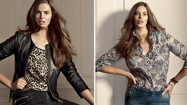 Model in two stylish outfits: a black leather jacket with a leopard print top, and a paisley blouse with jeans.