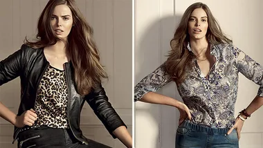 Model in two stylish outfits: a black leather jacket with a leopard print top, and a paisley blouse with jeans.
