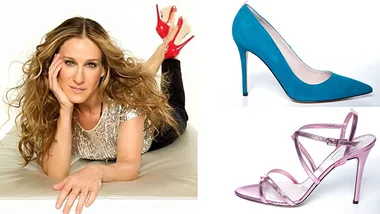 Sarah Jessica Parker posing with her shoe line, featuring red, blue, and pink high heels.