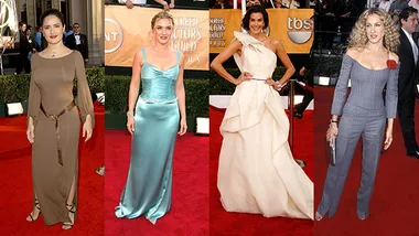 Red carpet fashion at the SAG Awards featuring four women in diverse gowns and outfits, showcasing unique styles.