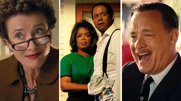 Multiple film scenes: woman with glasses smiling; couple with serious expressions; man in suit laughing energetically.