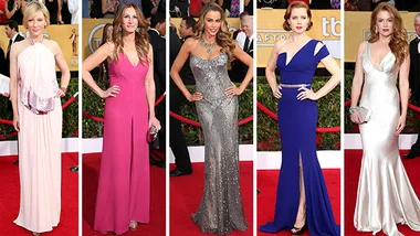 Red carpet at the SAG Awards with five women in elegant gowns, posing for photos.