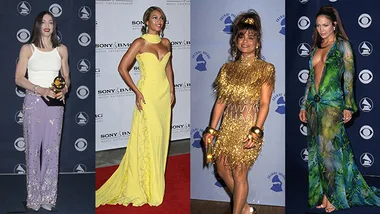 Four women in iconic Grammy fashion: white top/purple pants, yellow gown, gold fringed dress, green patterned gown.