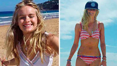 Young woman smiling on a beach; another image shows her in a striped bikini and hat, against a sunny beach backdrop.