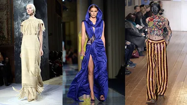 Models showcase avant-garde fashion with unique designs, including a fringed gown, blue hooded dress, and striped skirt ensemble.