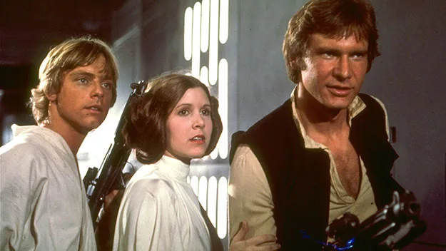 Harrison Ford, Carrie Fisher and Mark Hamill in the original Star Wars film in 1977