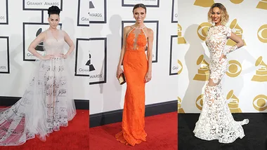 Three celebrities in elegant gowns on the red carpet at the 2014 Grammy Awards.