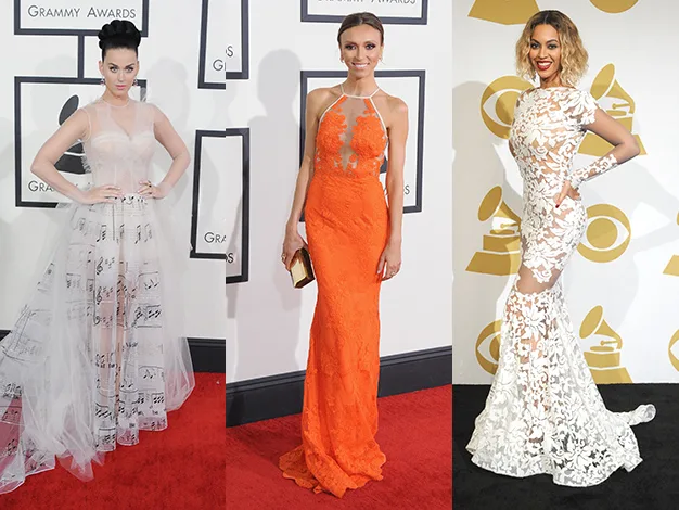 Three women in elegant gowns on a red carpet at the Grammy Awards.