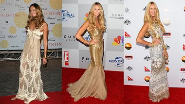 Elle Macpherson in three different golden gowns at various red carpet events.