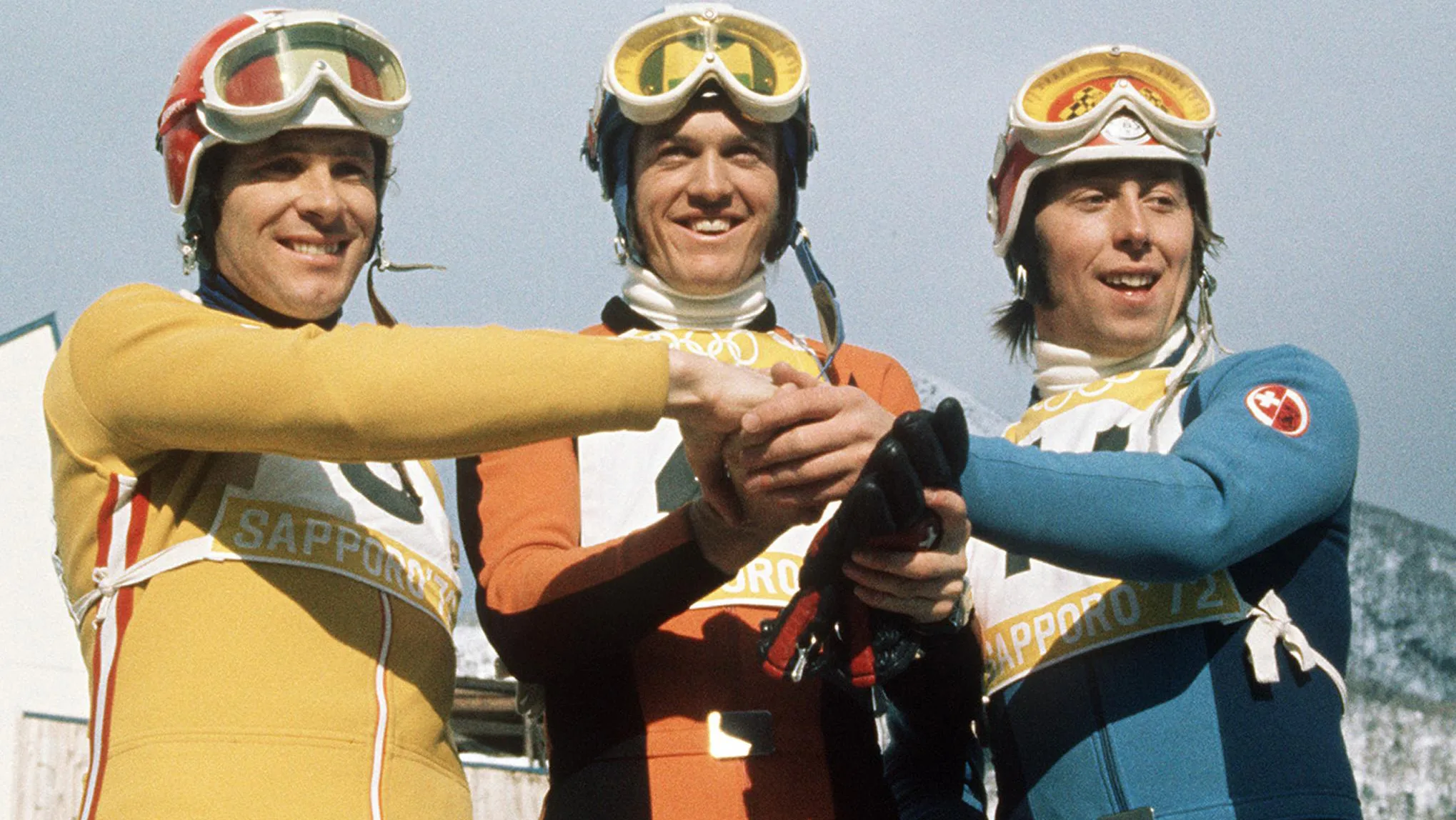 Swiss skier Bernhard Russi (centre), Rolland Collombin (right) and Austrian Heinrich Messner