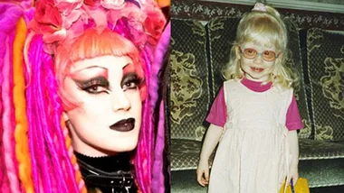 Two images: left shows a person with vibrant pink hair and makeup; right shows a young child with blonde hair and glasses.