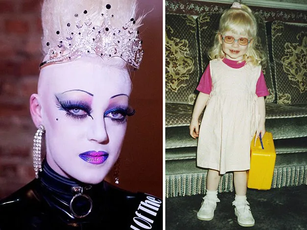 Split image of a person in elaborate makeup and crown, and a young child in glasses holding a yellow box.