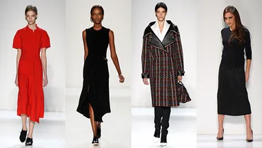 Four models showcasing outfits from Victoria Beckham's fashion line; including red, black dresses, patterned coat, and Victoria Beckham.