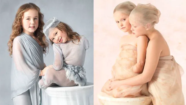 Young children in artistic poses, dressed in light, sheer fabrics, evoking ethereal and serene imagery.