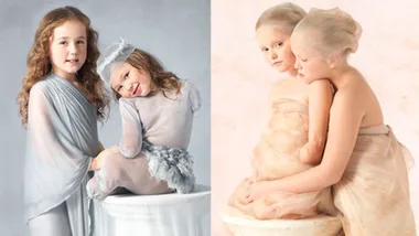 Young children in artistic poses, dressed in light, sheer fabrics, evoking ethereal and serene imagery.