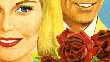Vintage illustration of smiling man and woman with red roses, conveying a romantic theme.