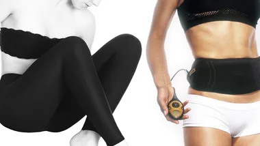 Women using slimming products: one in black leggings, the other with an electric slimming belt.