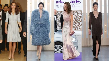 "Four women in stylish winter outfits, including a blue fur coat and an elegant evening gown on a purple carpet."