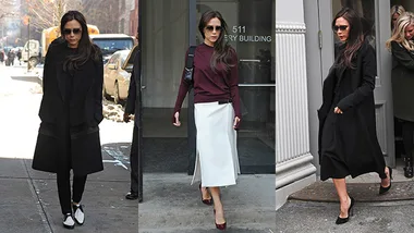 Victoria Beckham in various stylish outfits and shoes, walking on a city street.