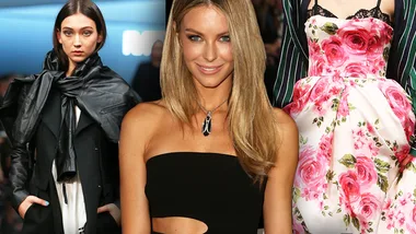 Models showcase winter fashion at Myer show; featuring black attire, floral dress, and a model in a cut-out dress.