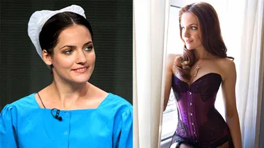 Portrait of a woman in Amish dress alongside her in purple lingerie near a window.