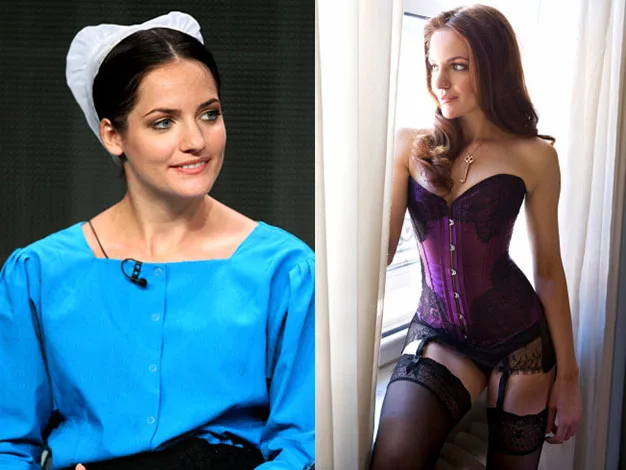 Two juxtaposed images of a woman; left in traditional Amish attire, right in lingerie by a window.