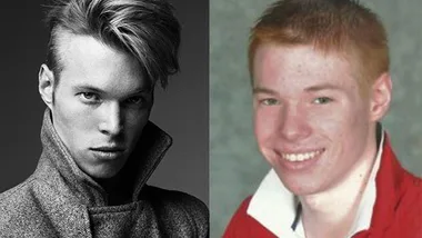 Side-by-side image of a man, left in stylish black-and-white modeling shot, right in a casual photo with red hair.