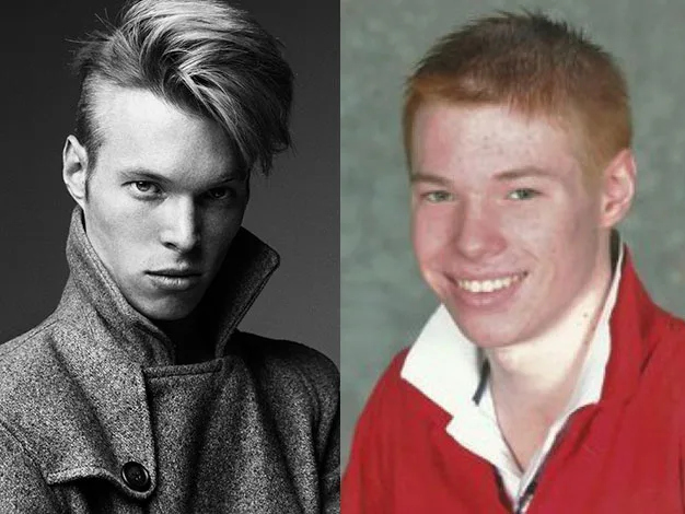 Two side-by-side images of the same person, one as a model in grayscale and the other in casual clothes, smiling.