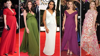 Pregnant celebrities in elegant gowns on the red carpet, showcasing various styles and colors.