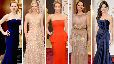 A lineup of five prominent actresses in elegant gowns at the 2014 Oscars red carpet.