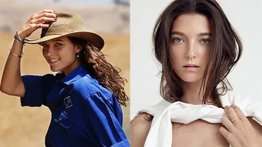 Model in a blue shirt on a farm and in a white outfit posing for the camera.