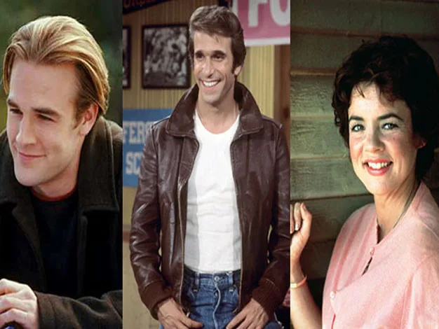 Three actors who played teenagers: one in a leather jacket, one smiling in black, and a woman in a pink blouse.