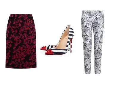 Floral skirt, striped heels, and floral pants on a white background.
