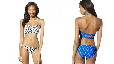 Two images of a model in a bikini, front and back views, with noticeable photo editing on the thighs.