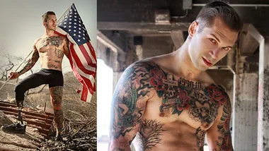 "Marine turned model with tattoos and prosthetic leg holds U.S. flag and poses shirtless in urban setting."