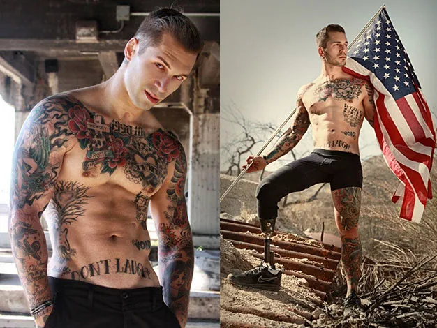 "Two images of a tattooed, muscular man; left indoors, right outdoors holding an American flag with one prosthetic leg."