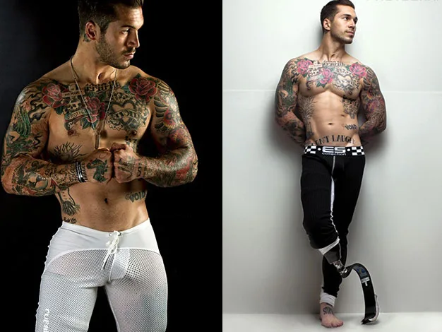 Two images of a tattooed male model with a prosthetic leg. One posed with arms folded, the other standing sideways.