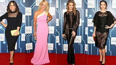 Celebrities pose on the 12th ASTRA Awards red carpet in elegant gowns, set against a tech-themed backdrop.