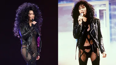 Cher performing in two similar iconic black sheer outfits with leather jackets, holding a microphone in each image.